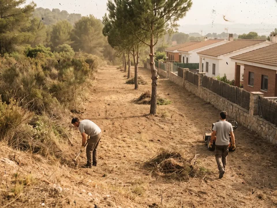 Franja limpia de unos veinticinco metros entre un pinar con matorral y las tapias de unas casas