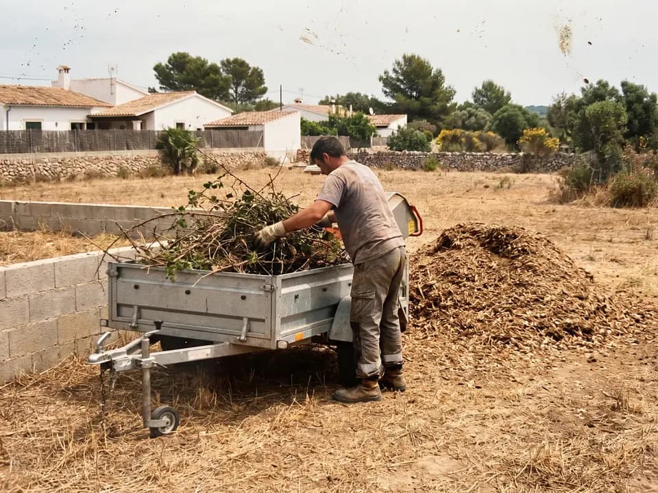 Operario cargando ramas cortadas en un remolque junto a un montón de astillas trituradas